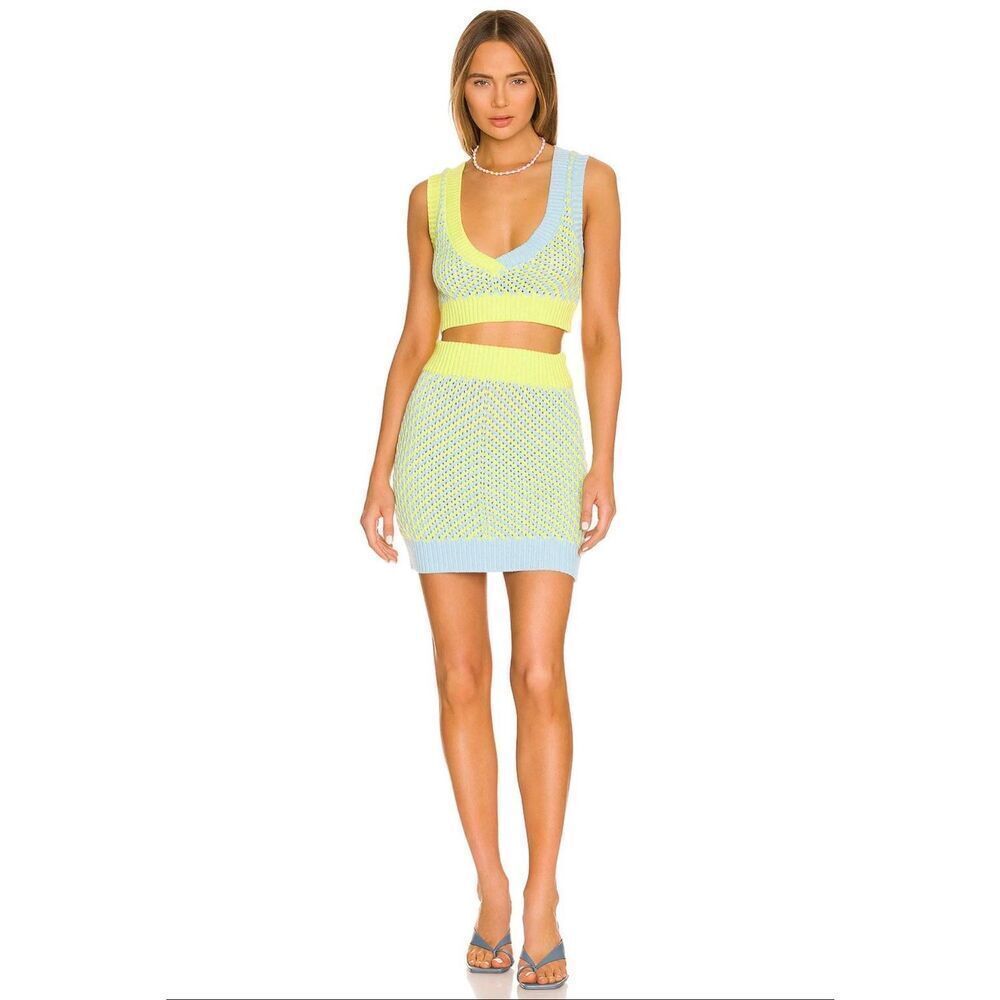 NWT For Love & Lemons Jacinda Green & Blue Knit Crop Tank & Skirt Set Size 2X - Picture 2 of 11